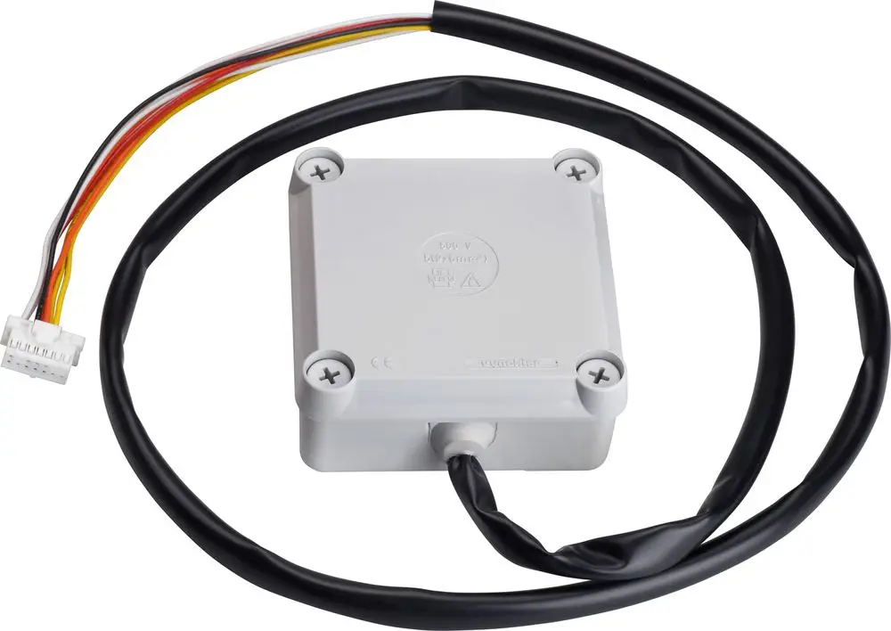 Zubehörteil in grauem Gehäuse mit Kabeln in verschiedenen Farben für die Verbindung einer Warmwasser-Wärmepumpe von Bosch mit Photovoltaikanlagen.